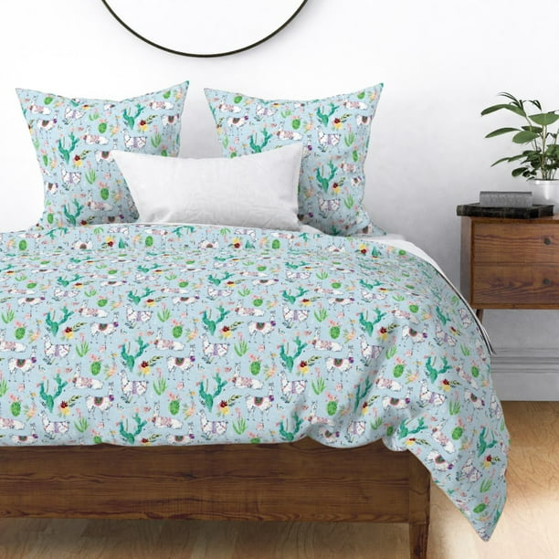 Llama Watercolor Alpaca Southwestern Cactus Boho Sateen Duvet