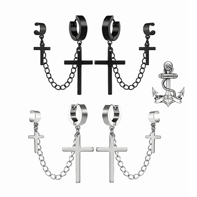 Aretes Colgante Hombre Piercing Doble Cruz Acero Inoxidable Xtellar negro
