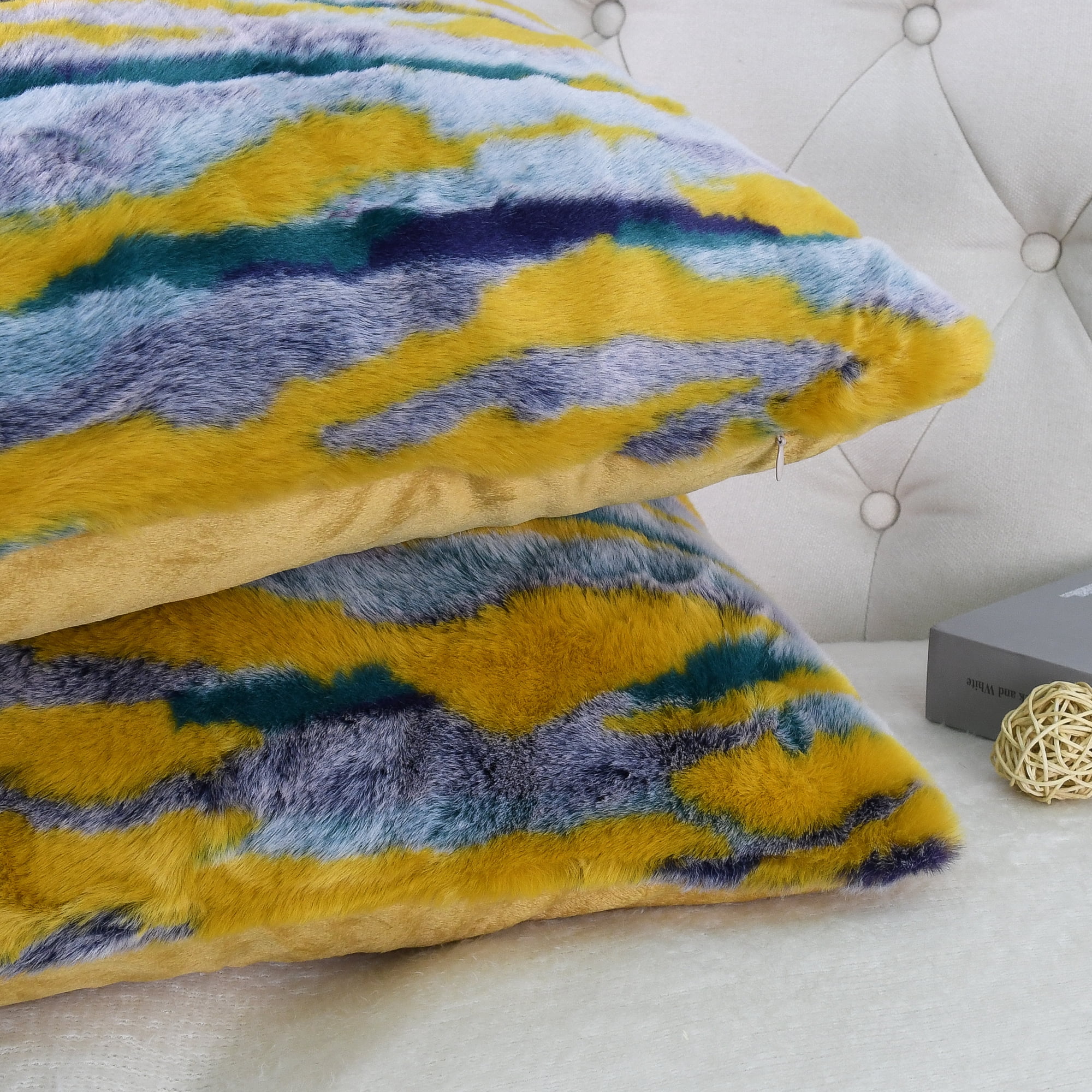 Home Soft Things Multi Jacquard Faux Fur Throw Pillow Cover 2pcs Set - Teal - 14'' x 26''