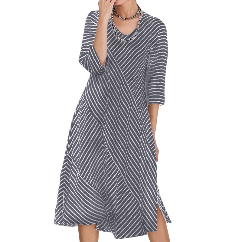 VONDA Women 3/4 Sleeve Cotton Dresses Casual Solid Striped Shirt Dress Walmart Canada