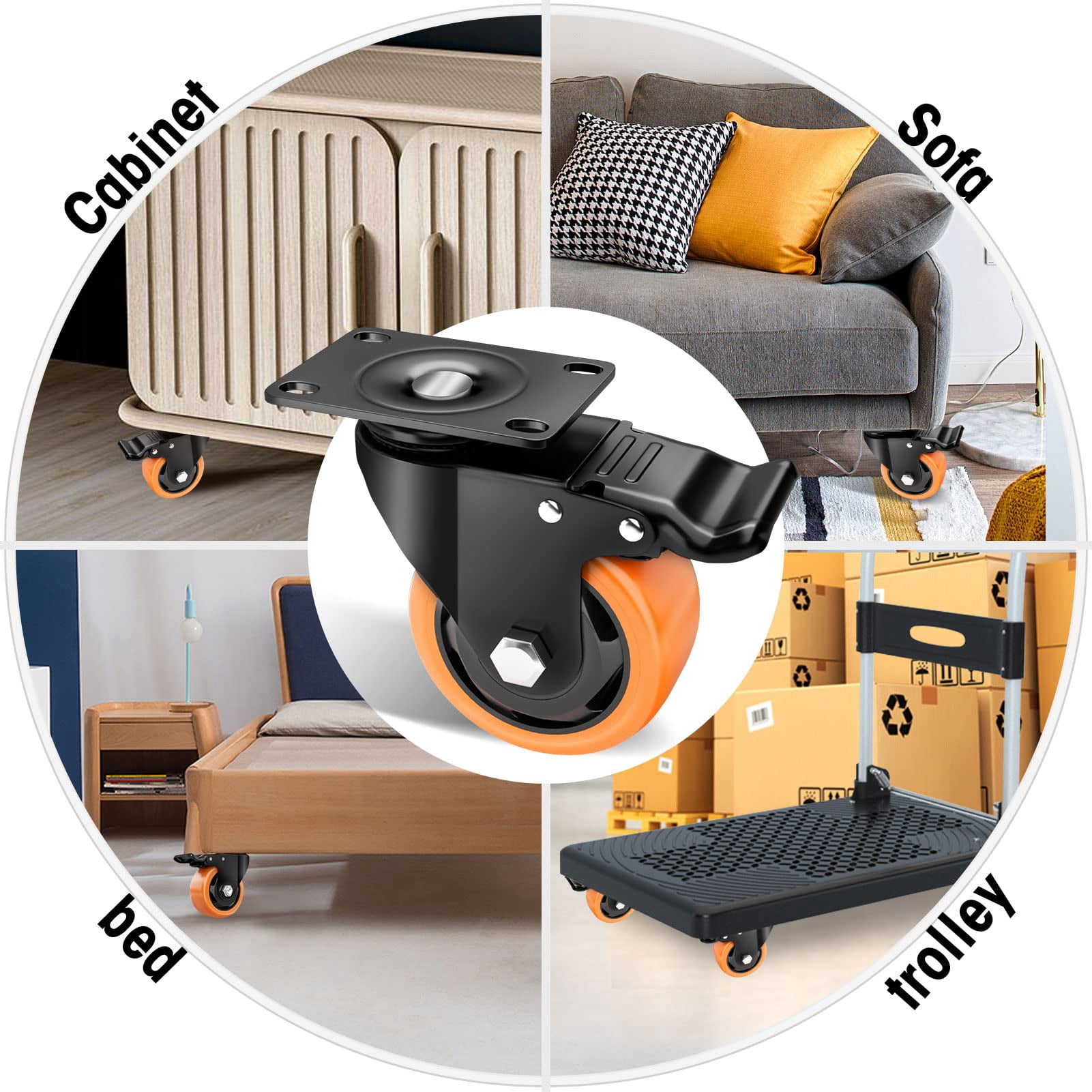 Caster Wheels - 3 Inch Casters Set of 4 Heavy Duty - ASHGOOB Orange Polyurethane Castors, Top Plate Swivel Wheels, 4-Pack Industrial Casters with Brake, Locking Casters for Furniture and Workbench
