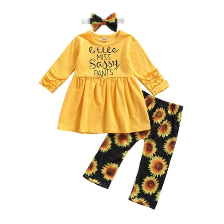 

Girls Casual Three-piece Clothes Set Yellow Round Collar Pullover Floral Printed Pattern Pants and Headdress