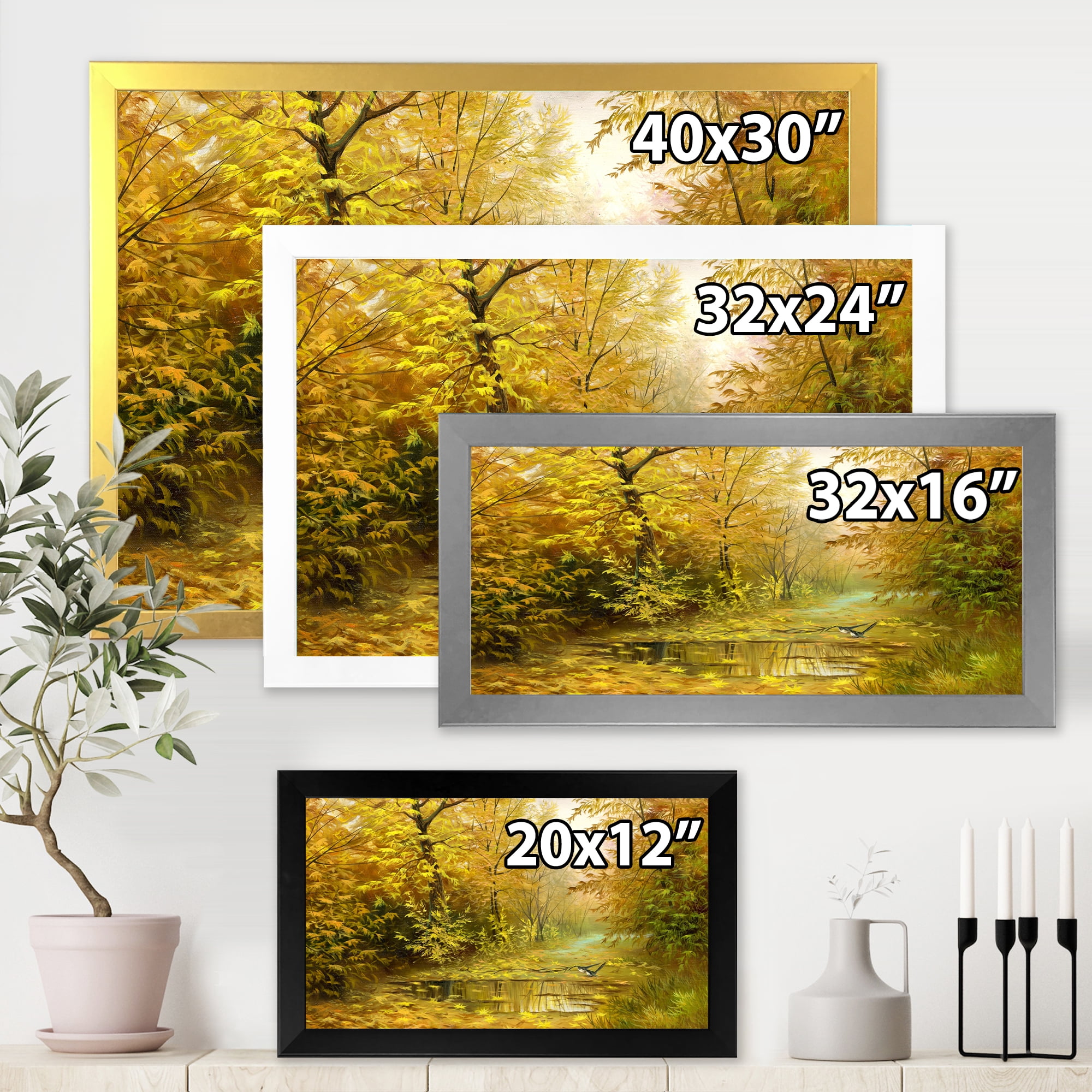 Designart 'Rain Water On Road In Yellow Woodlands' Country Framed Art Print