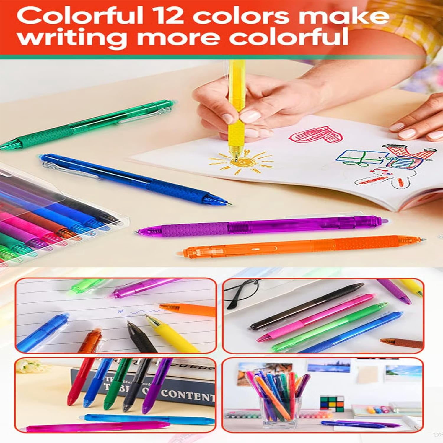 12 PCS Multi-color Erasable Gel Pens, Erasable Colored Pens, 0.7mm Retractable Friction Erasable Pen, Smooth-Flowing Retractable Erasable Design, Fine Point 0.7mm for Note, Planner, Drawing