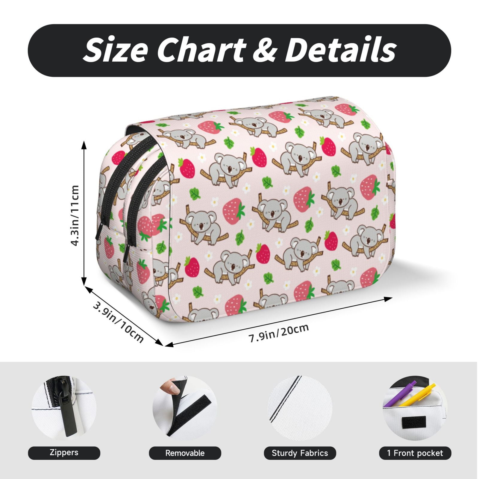 Rateoe Cartoon Koala Bear Pattern Double Clamshell Pen Case, Storage Organizer with Two Zipper Compartments– Holds Up to 50 Pencils & Pens