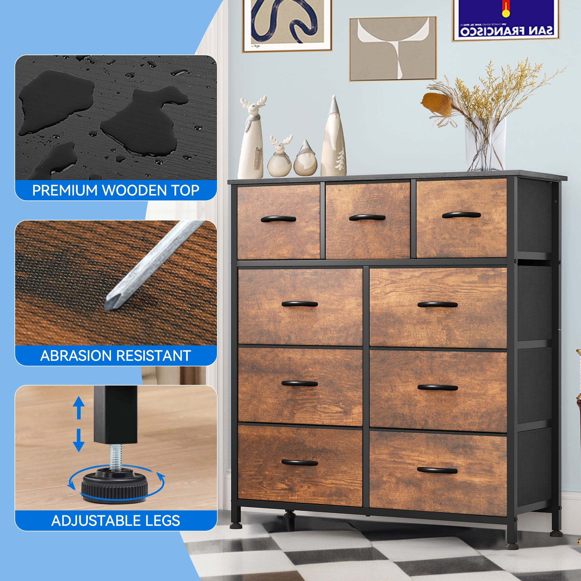 Uforic 9-Drawer Fabric Dresser for Adults, Storage Organizer with Steel Frame & Wood Top, Gray