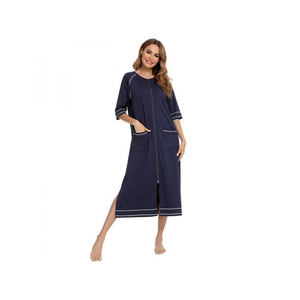 Women Zipper Robe Short Sleeve House Dress Full Length Sleepwear Duster ...
