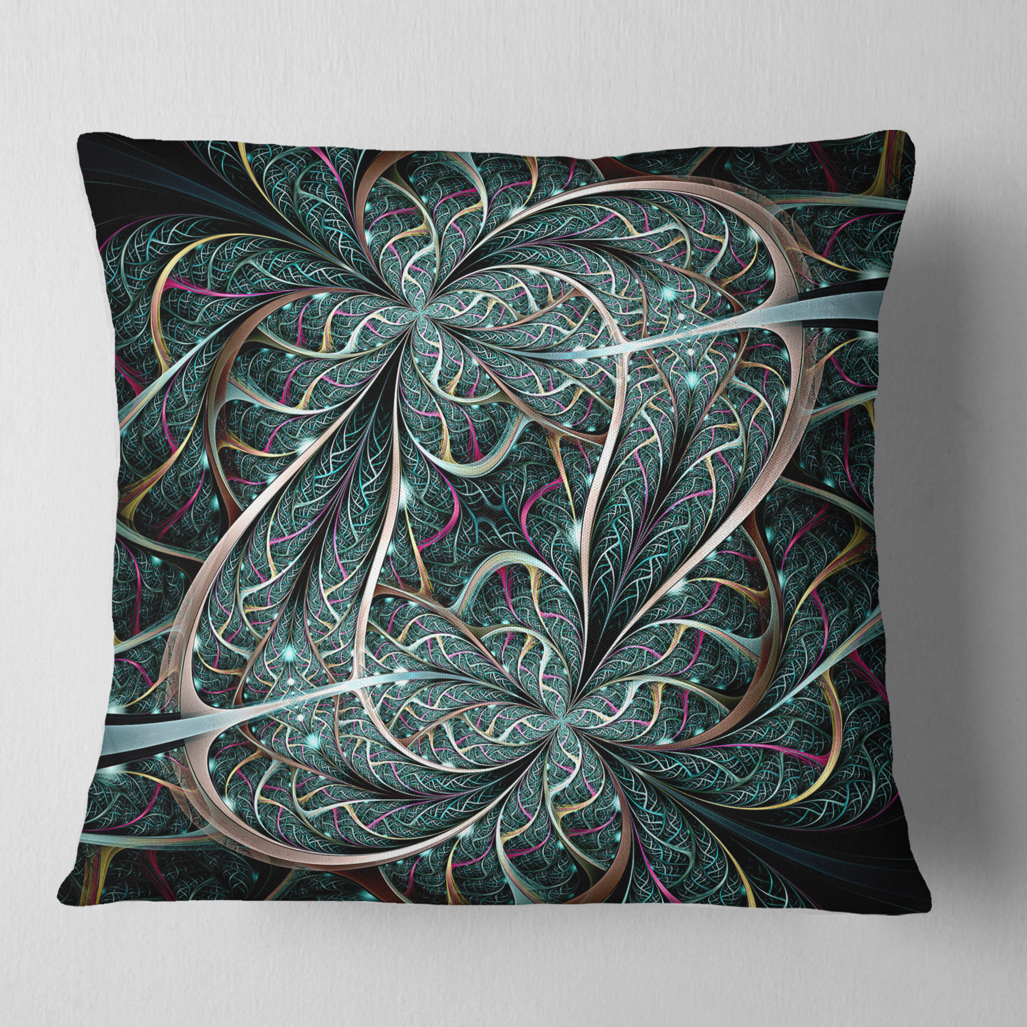 Designart Dark Green Purple Digital Art Fractal Flower - Floral Throw Pillow - 16x16