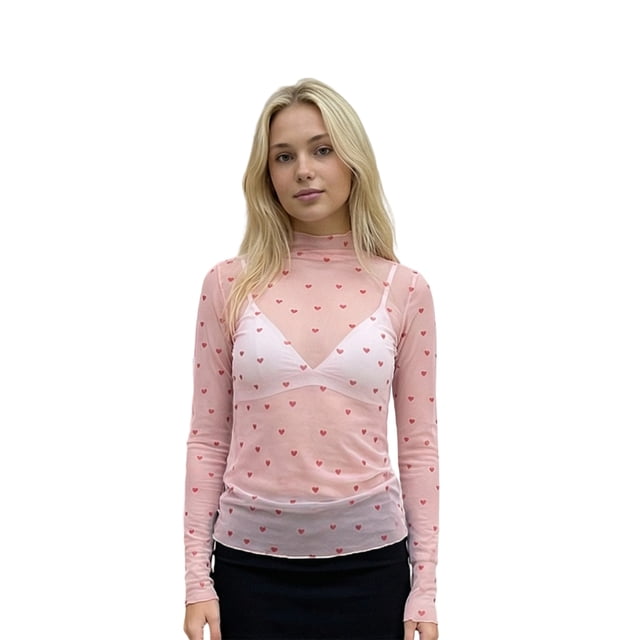 Camiseta de manga larga transparente para mujer, cuello alto, estampado de corazón, corte ajustado, estilo casual y urbano.
