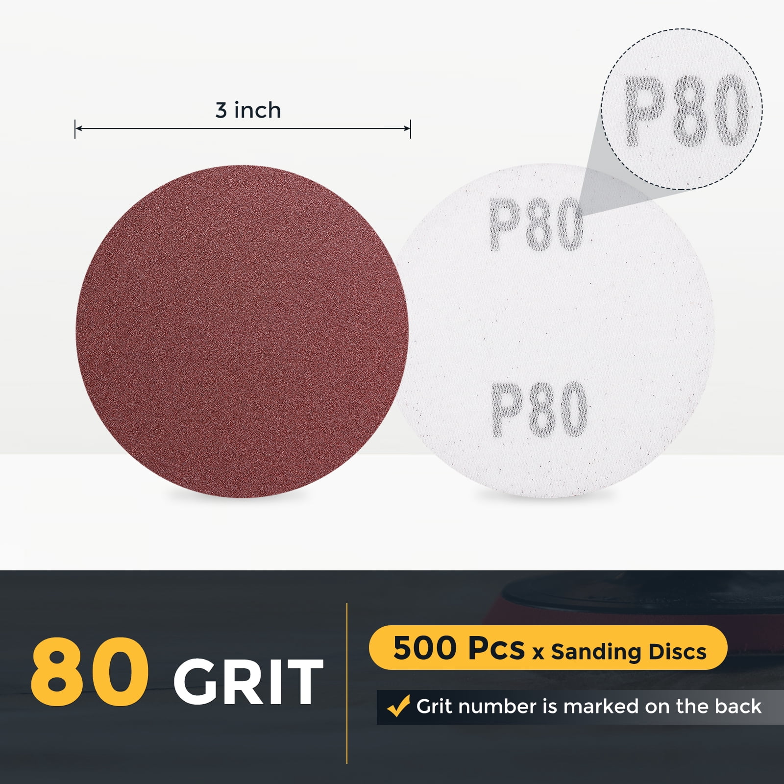 500 Pcs 3 Inch Sanding Disc 80 Grit Hook and Loop Sandpaper Random Orbital Sander Pads for Woodworking Automotive