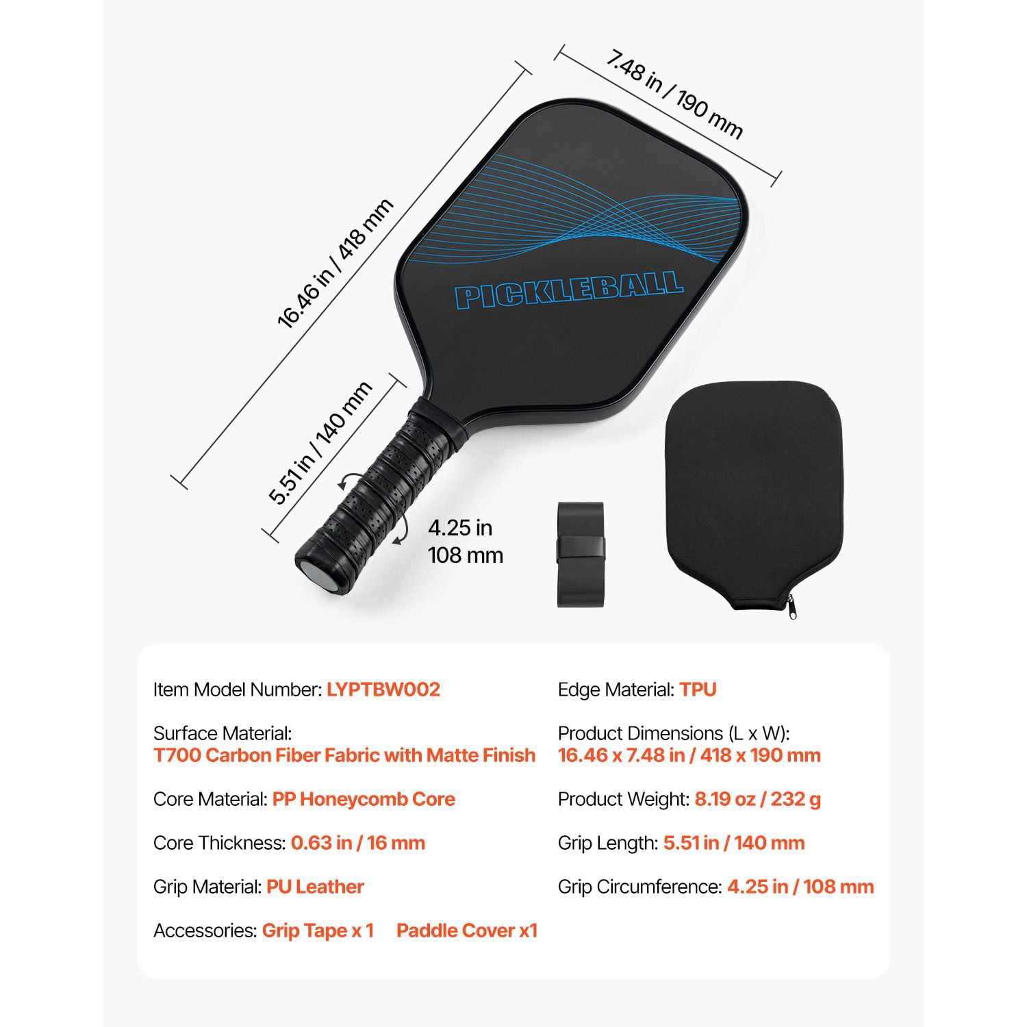 Pickleball Paddle T700 Carbon Fiber Surface Honeycomb Core,  Racket for Power Control Spin, Adults Men Women