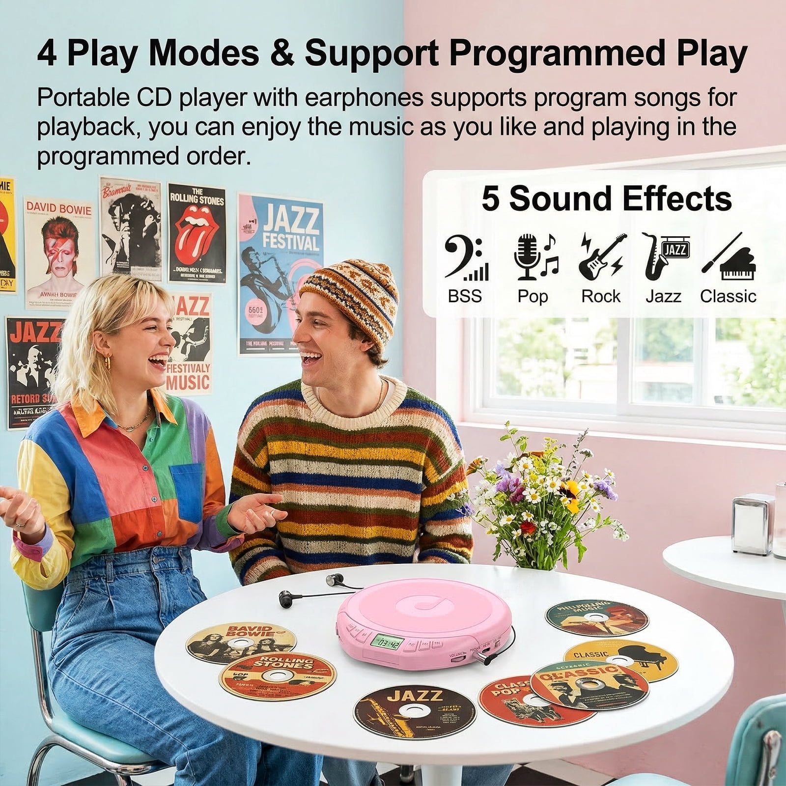 Hotmuscd Portable CD Player with Earphones,CD Discman with Anti-Skip Shockproof Protection,Support PROG Memory Function for Car Home,Pink