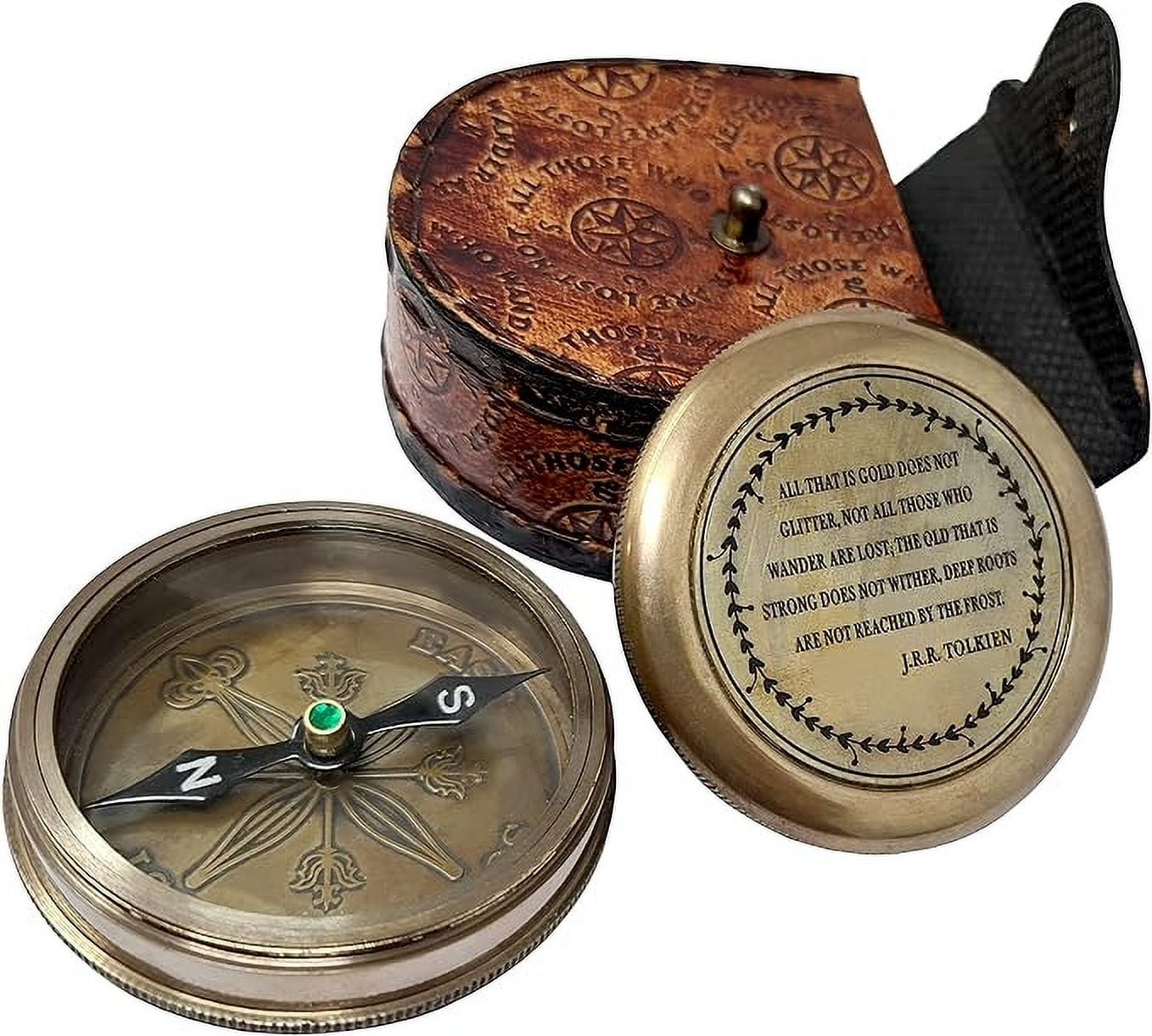 Indian Nautical Instruments Not All Those Who Wander are Lost Brass Gift Engraved Compass with Leather case, Graduation Day Baptism Communion Confirmation Day Motivational LOTR J.R.R. Tolkien