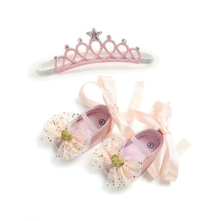 

Woobling Infant Flats Prewalker Mary Jane First Walkers Crib Shoes Wedding Princess Dress Shoe Strappy Comfort Lightweight Pink with Pink Headband 4C