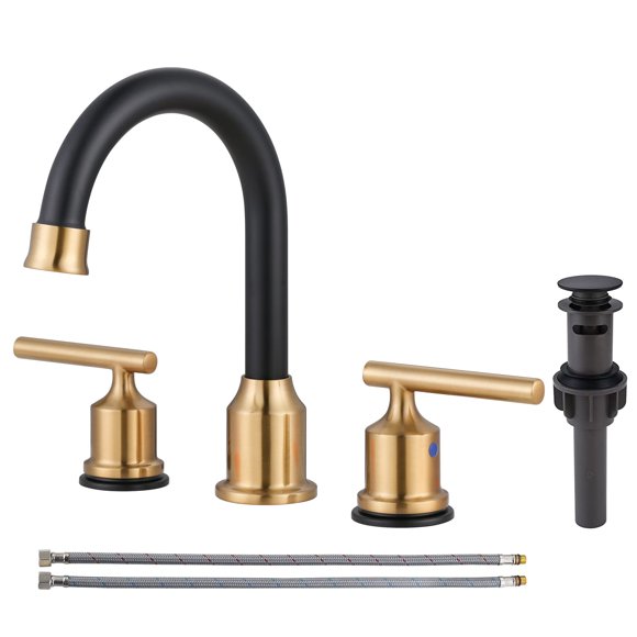 WOWOW 3 Hole Widespread Bathroom Sink Faucet With Pop Up Drain Stopper - 2 Handle Black and Gold Mixer Tap - Vanity Basin Faucet With Supply Hoses