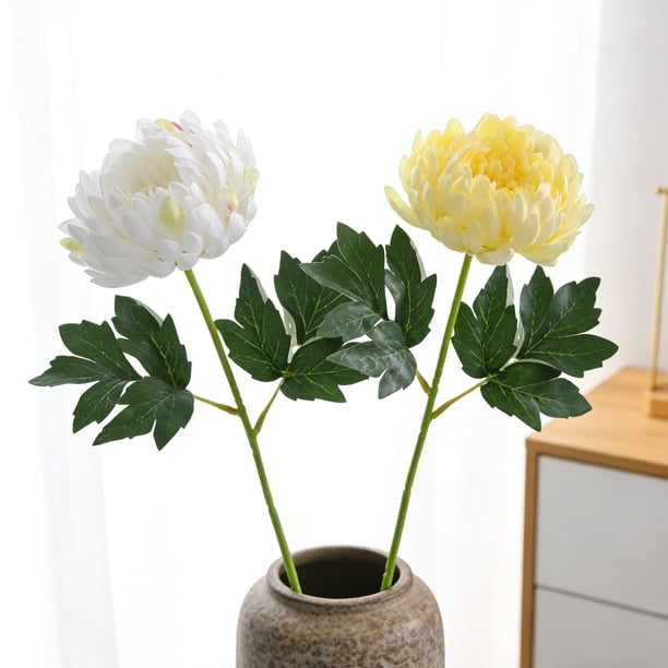 Set de flores de crisantemo artificial de 6 – adornos de jardín de plástico para exhibición interior y exterior, arreglo floral artificial blanco o amarillo para decoración del hogar, bodas, fiestas