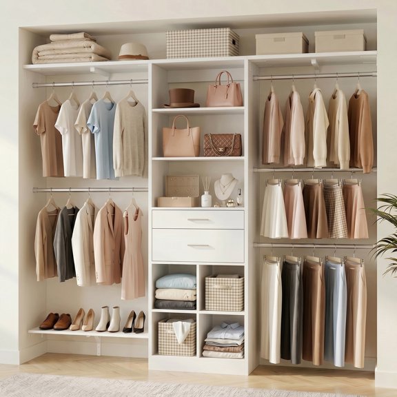 Homieasy 19'' - 60'' W Closet System with Wooden Drawers and Hanging Rods(Cut to Fit), White