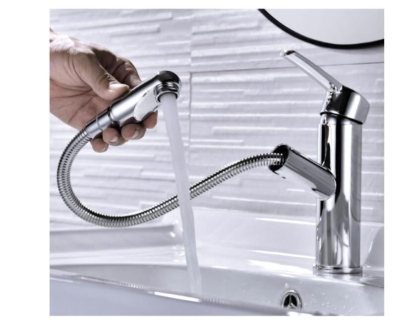 Robinet De Salle De Bain Avec Douchette Extractible - Mitigeur Monocommande, Bec Rotatif, 2 Fonctions, Chromé