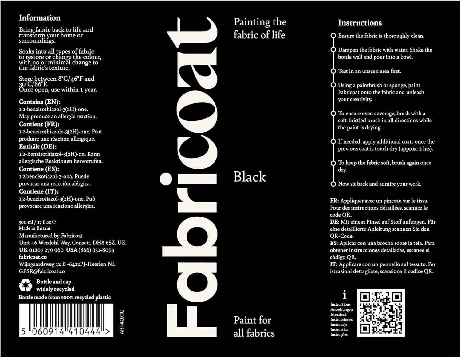 Fabricoat - Fabric Paint for Furniture - 17oz / 500ml Black - Restore or Change the Color of Couches, Chairs, Upholstery, Soft Furnishings, Car Interiors, Clothing, & Footwear