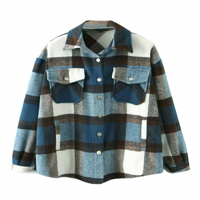 Womens Plaid Button Down Blouses Coat Thicken Jackets Cardigans Oversize Shirts S