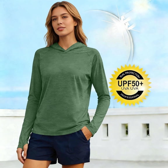 Maqroz Womens UPF 50 Sun Protection Hoodie Shirt with Thumb Holes Long Sleeve Workout Fishing Hiking Hooded Uv Protection Shirts Lightweight Quick Dry Tops Outdoor Army Green S