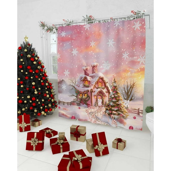 Pink Christmas Shower Curtain, Snowflake Watercolor Xmas Tree Waterproof Washable Boho Funny Cute Shower Curtains Set for Bathroom Farmhouse Bathtubs Decor with Hook, 36"Wx72"L