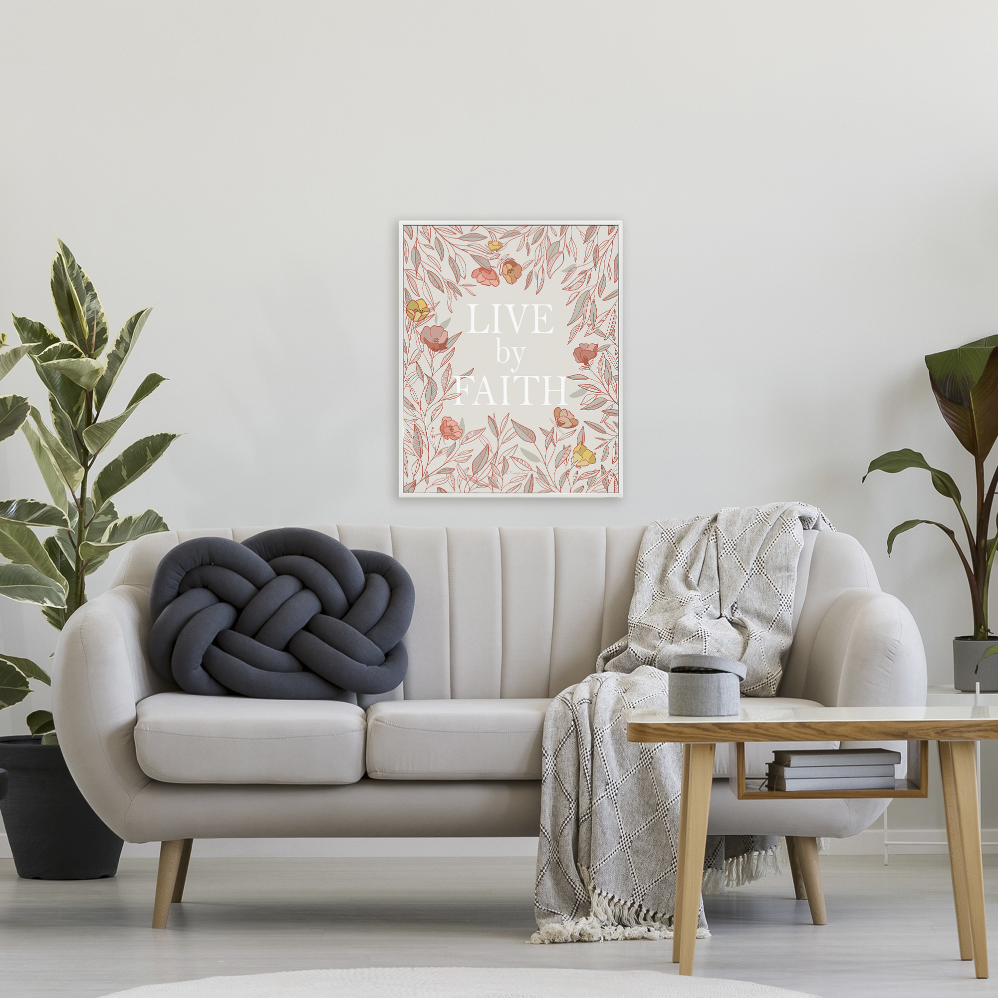 Live By Faith Rosy Florals White Framed Giclee Art, design by Kelley Talent