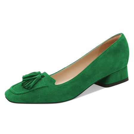 YDN Women Fashion Block Low Heel Loafers Slip On Square Toe Tassel Fringed Pumps Dressy Party Office Daily Shoes Size 13 Green