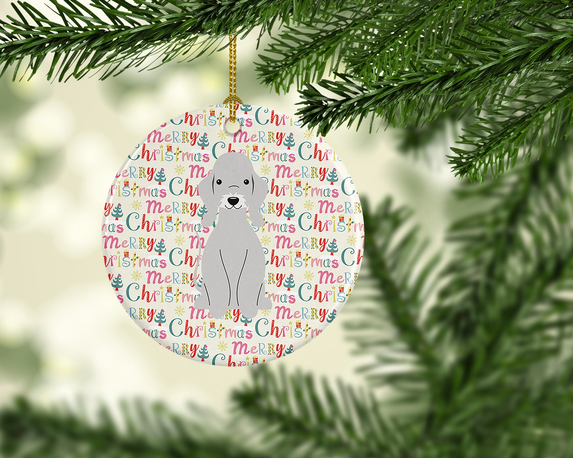 Merry Christmas Bedlington Terrier Blue Ceramic Ornament 2.8 in x 2.8 in