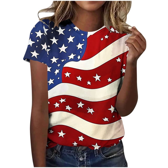 T-Shirt pour Femmes, Haut à Col Rond Imprimé à Manches Courtes, Style Décontracté pour la Fête de l'Indépendance