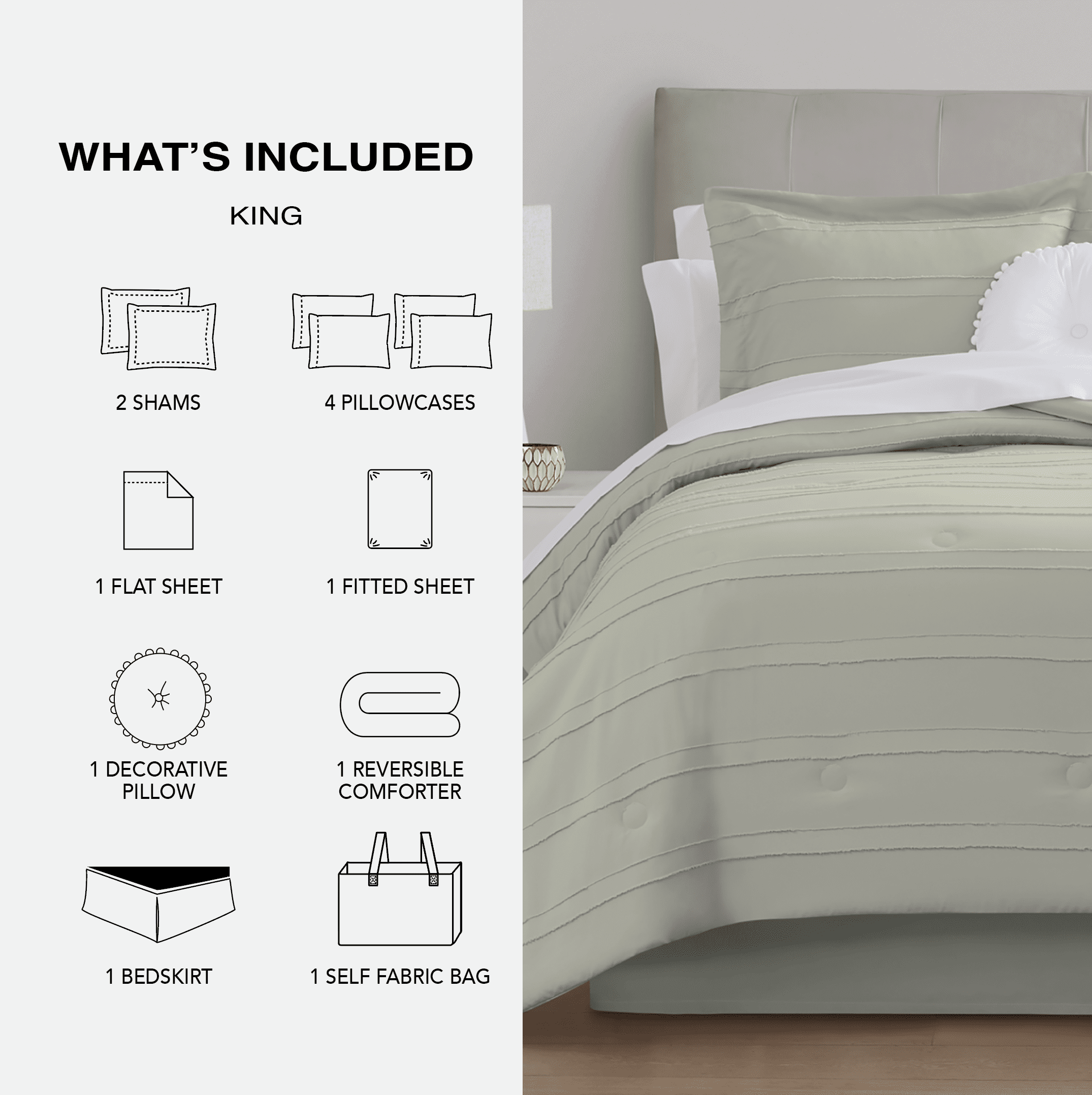 Mainstays All in One Reversible Comforter and Sheet Set- 11 Piece, King, Soft Sea