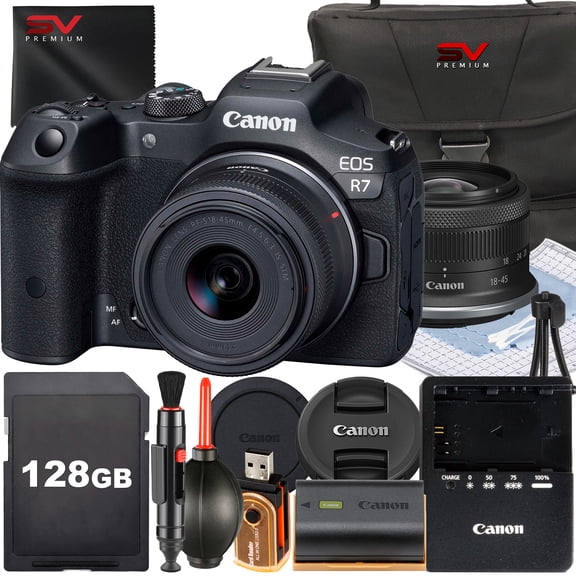 Canon EOS R7 Mirrorless Camera with RF-S 18-45mm Lens   SanDisk 128GB Memory Card   Case   SV Premium Accessory Bundle (International Version)