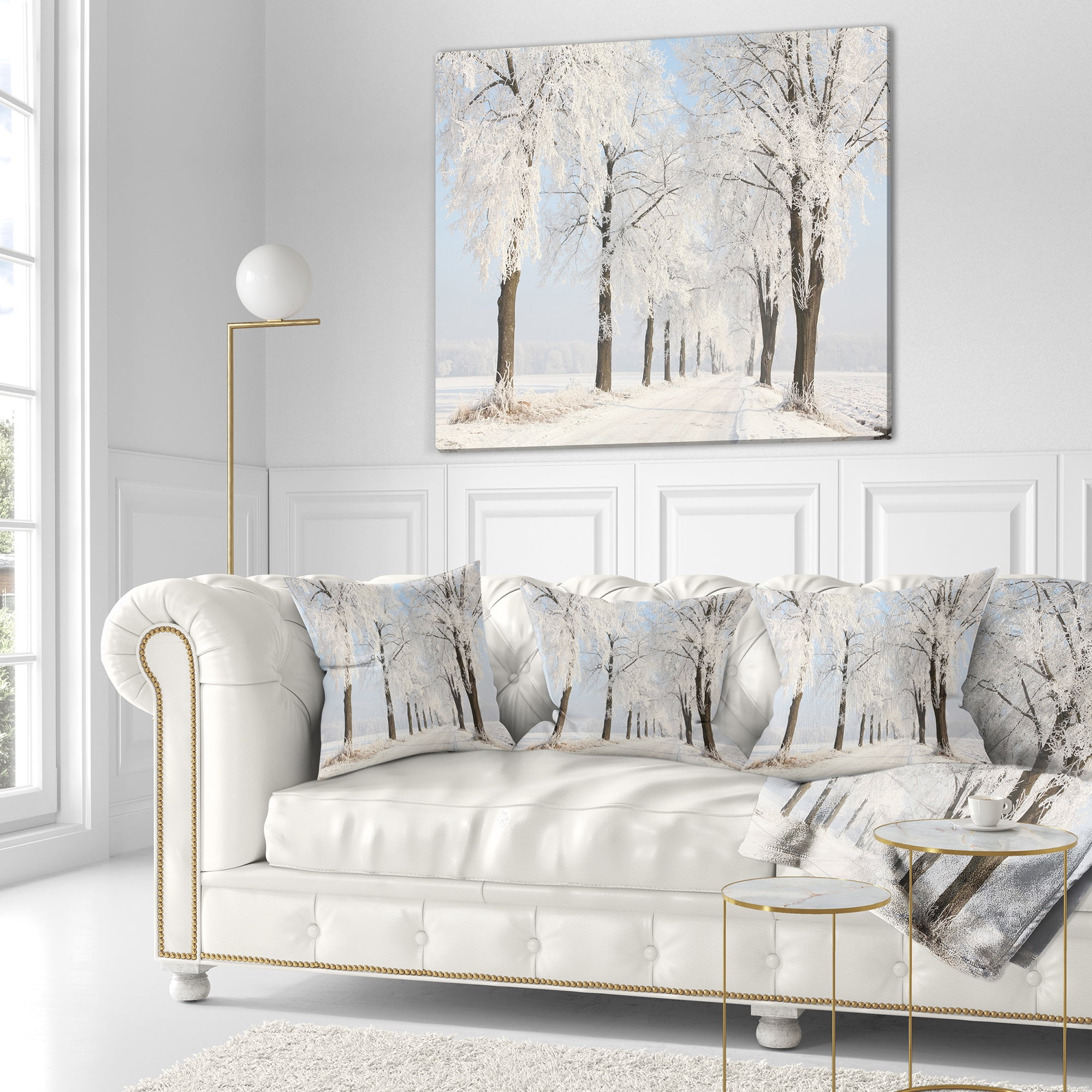Designart Winter Lane on Sunny Morning - Forest Throw Pillow - 18x18