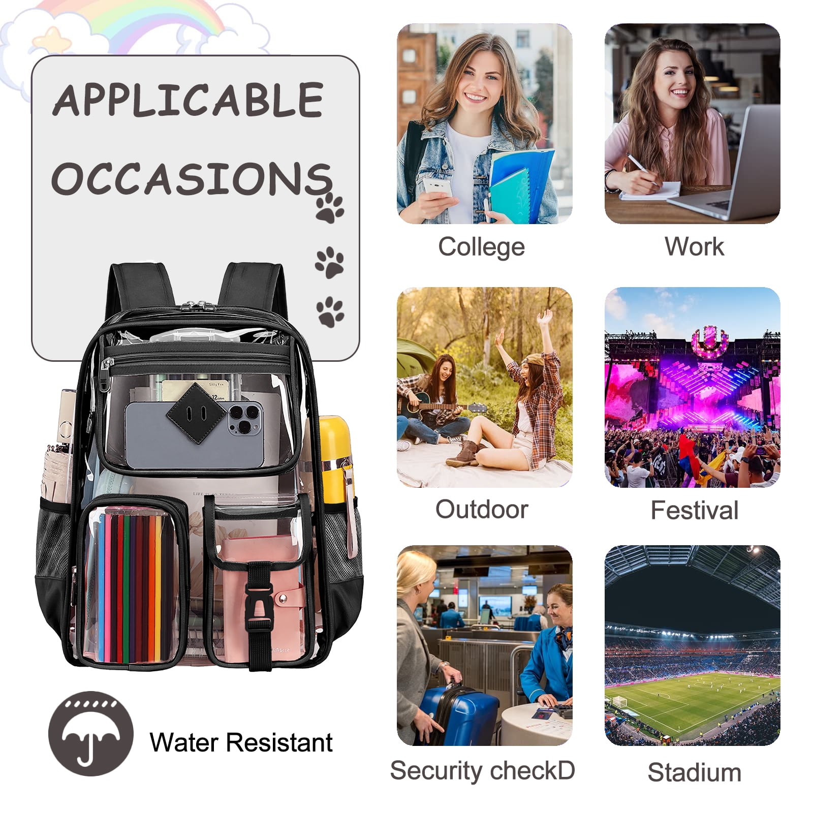 Sanmadrola Large Clear Backpack Heavy Duty Stadium Approved See Through Backpack Waterproof PVC Transparent Backpacks Clear Book Bag with Reinforced Strap for School Work Travel Festival, Black