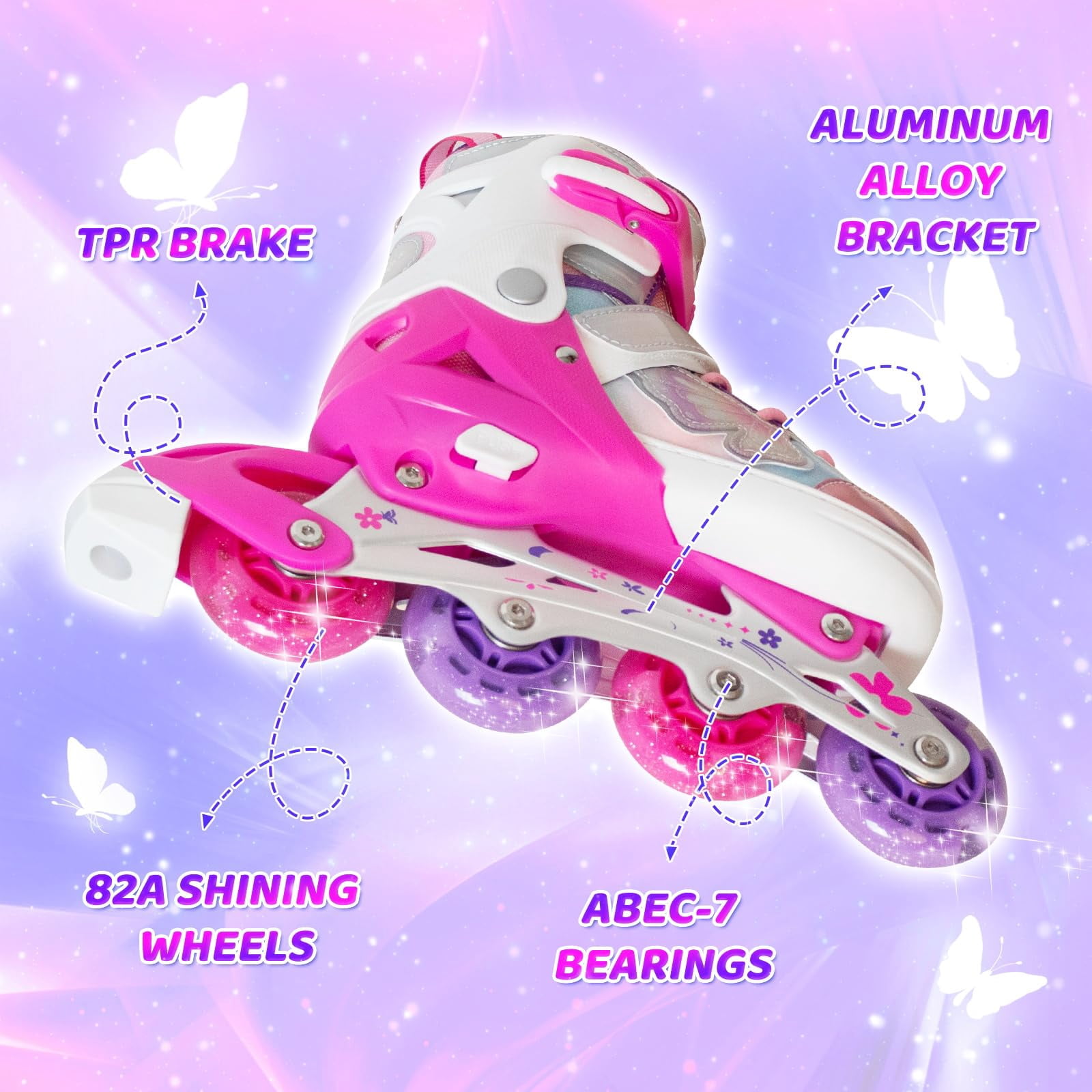 MammyGol Adjustable Inline Skates for Kids - Butterfly Design Youth Roller Skates with Safety Brake, Breathable Liner(Rose, Sizes 1-4 Adjustable)
