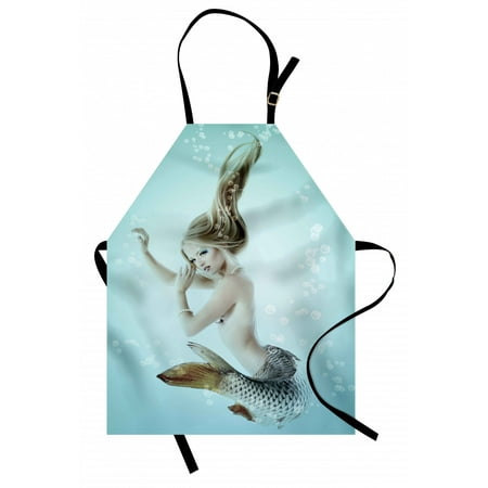 

Mermaid Apron Floating Mermaid with Water Bubbles Underwater Mythology Artwork Print Unisex Kitchen Bib Apron with Adjustable Neck for Cooking Baking Gardening Seafoam Beige Brown by Ambesonne