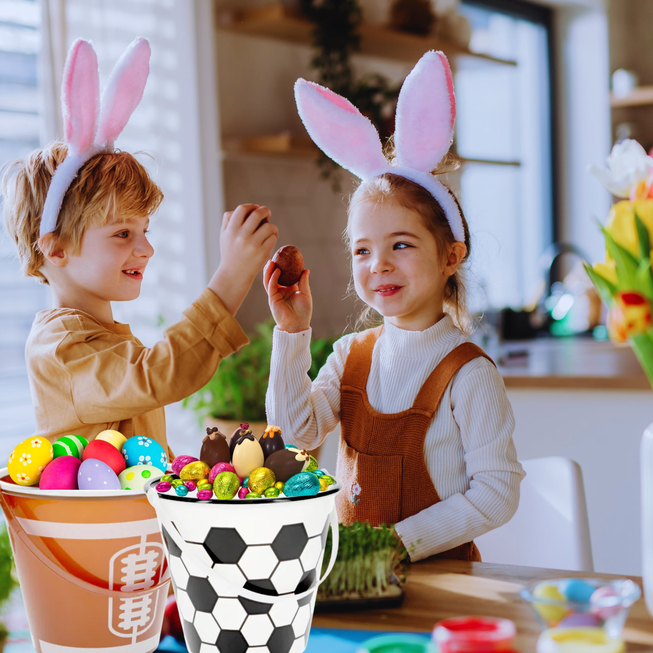 (3) Sports Themed Easter Buckets with Handle, 7-Inch Plastic Basketball Football Soccer Designs Reusable Baskets for Egg Hunts Party Favors Gift Picnic Basket Home Office Organizer