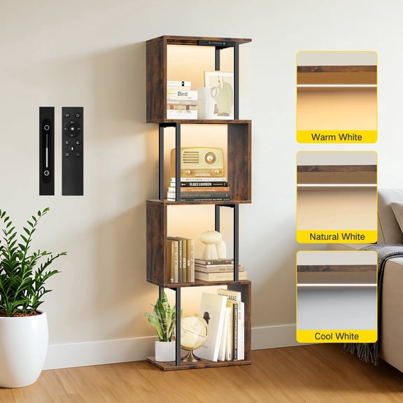4-Tier S-Shaped Bookcase, Geometric Bookshelf, Wooden Storage Display Shelf for Living Room, Bedroom and Home Office,Brown