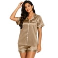 thumbnail image 2 of Sewkxo Womens Silk Satin Pajama Sets Soft Short Sleeve Button Down Sleepwear Top and Shorts 2 Piece Pjs Lounge Set,Khaki M, 2 of 4