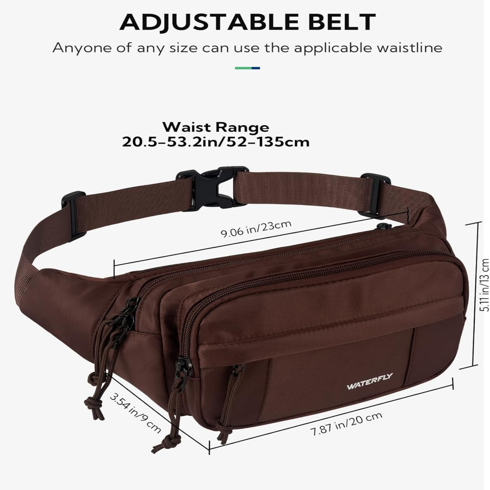 WATERFLY Unisex Large Capacity Running Walking Travel Nylon Fanny Pack Waist Bag,Brown
