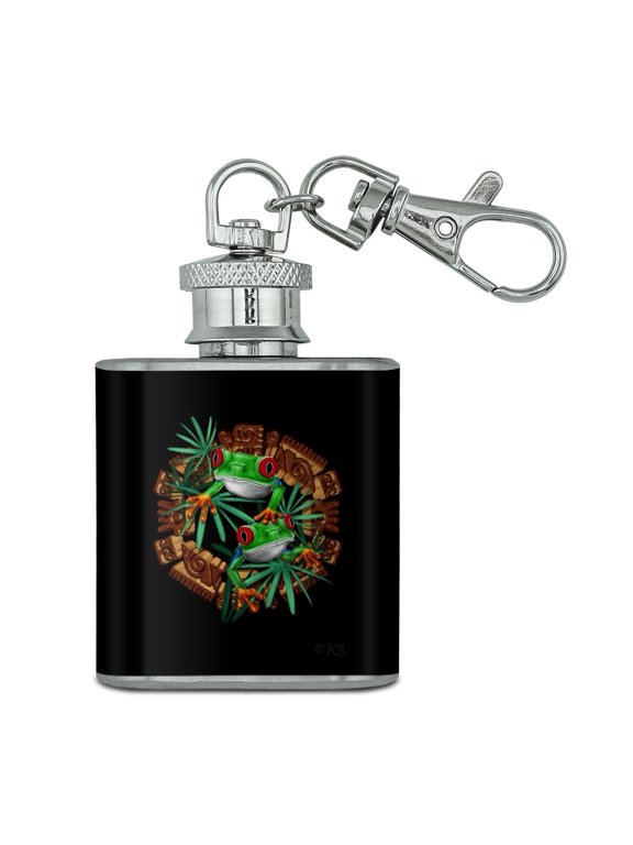 Tree Frog Aztec Temple Stainless Steel 1oz Mini Flask Key Chain