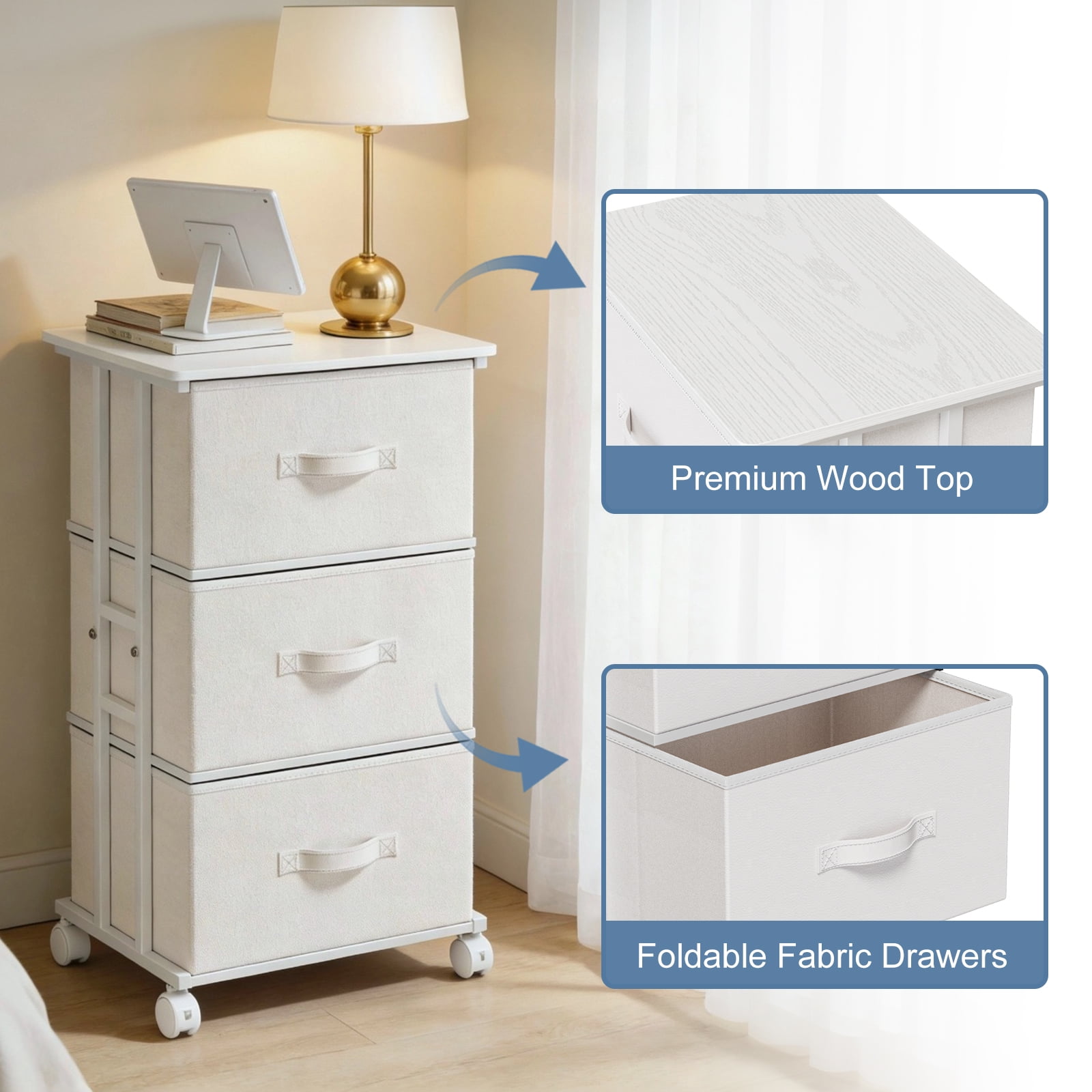 edx Rolling Nightstand with Wheels, 3 Drawer Fabric Storage for Bedroom, Entryway, Closets, Office, White