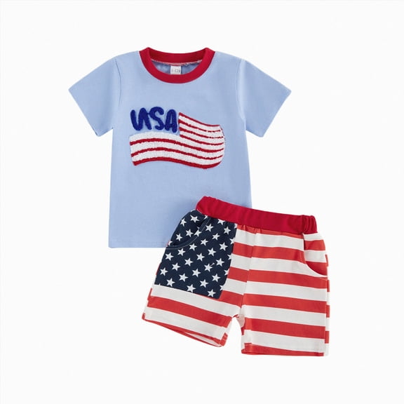 CAICJ98 4th of July Toddler Baby Boy Outfit Short Sleeve Letter Print T-Shirt   American Flag Shorts Set Fourth of July USA Clothes (Blue,3-4 Years)