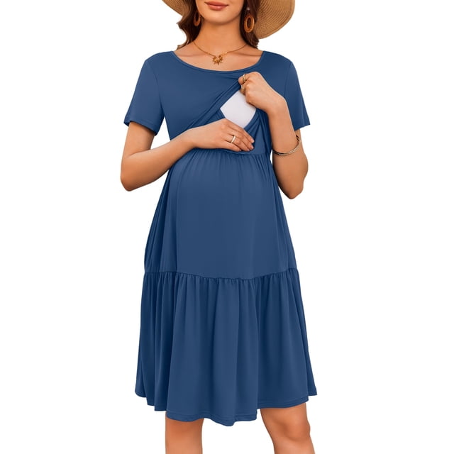 Vestido de maternidad y lactancia Ekouaer, verano, manga corta, gris y azul