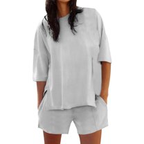 Women's Shorts Suit Women'S 2 Piece Short Sleeved Top And Elastic Waist Shorts Casual Set,Gray Women's Shorts Suit S