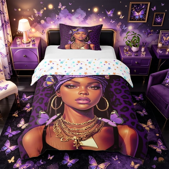 Castle Fairy Hippie Black Woman Twin Duvet Cover,Leopard Butterfly Print Twin Bedding,Purple Black,1 Duvet Cover and 1 Pillowcase
