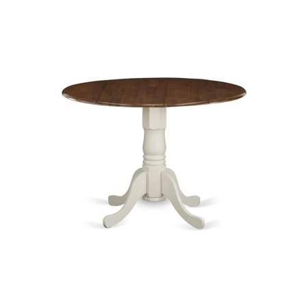 HomeStock Urban Upmarket Dublin Dining Table Made Of Rubber Wood Offering Walnut Finish Table Top With Two 9 Inch Drop Leaves 42 Inch Round Linen White Pedestal
