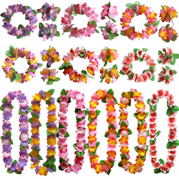 NOGIS Hawaiian Leis, 24PCS Hawaiian Party Necklace Headbands and Wristbands for Hawaiian Luau Decoration Tropical themed Party (Random Color)