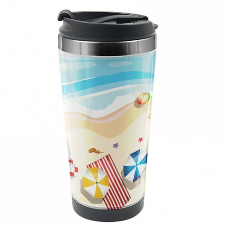 

Graphic Beach Travel Mug Summer Fun Cartoon Steel Thermal Cup 16 oz by Ambesonne