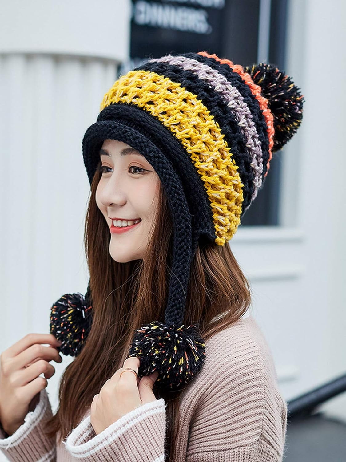 YooGuoGuo Women Fleece Lined Beanie Cap Contrast Color Warm Knitted Ski Hat w/Earflap Pom